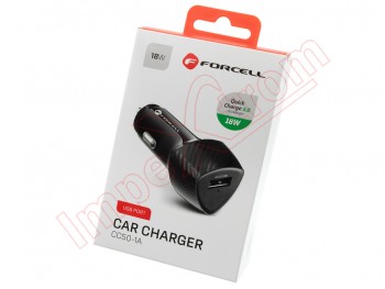 Cargador negro carbono Forcell CC50-1A para coche con carga rápida Quick Charge 3.0 con puerto USB 18W, en blister