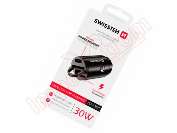Cargador de coche negro Swissten con salida USB y USB tipo C + super carga 3.0 de 30 W, en blister