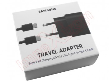 Cargador de viaje negro Samsung EP-TA800 con carga rápida 25W con cable USB tipo C a USB tipo C, en blister