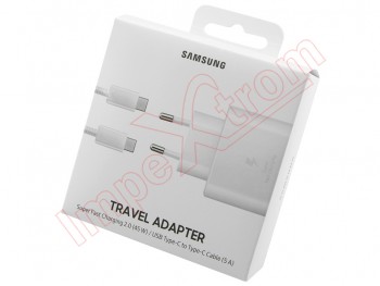 Cargador de viaje blanco con carga super rápida 2.0 (45W) Samsung EP-TA845 con cable USB tipo C a USB tipo C (5A), en blister