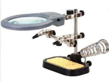 Soldering iron stand with 2.5x magnifying glass, tweezers and LED light