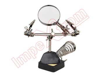 Soldering iron stand with 2.5x magnifying glass and alligator clips