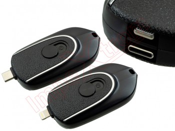 Black V9 1200 mAh mini power bank keychain with Dual lightning and USB type C connectors, in blister